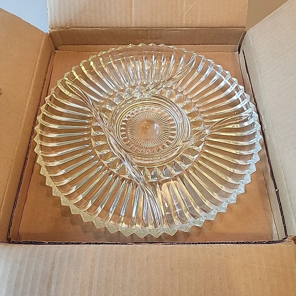 Vintage Kromex Lazy Susan Glass Tray with Inserts Relish Tray‎ Chrome Pedestal